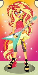 Size: 989x1920 | Tagged: safe, artist:jenna56, derpibooru import, sunset shimmer, equestria girls, g4, rainbow rocks, alternate hairstyle, boots, clothes, dress, electric guitar, fiery shimmer, guitar, high heel boots, musical instrument, open mouth, open smile, pants, ponied up, pony ears, shoes, smiling, solo