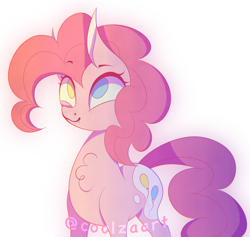 Size: 2848x2704 | Tagged: safe, artist:coolzaart, derpibooru import, pinkie pie, earth pony, pony, g4, chest fluff, female, heterochromia, mare, redesign, signature, simple background, smiling, solo, white background