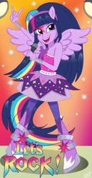 Size: 989x1920 | Tagged: safe, artist:jenna56, derpibooru import, twilight sparkle, human, equestria girls, g4, rainbow rocks, alternate hairstyle, devil horn (gesture), female, microphone, open mouth, open smile, ponied up, pony ears, smiling, solo, winged, winged human