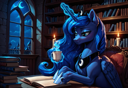 Size: 5568x3840 | Tagged: safe, ai content, derpibooru import, generator:stable diffusion, machine learning generated, princess luna, alicorn, pony, g4, absurd resolution, blushing, book, bookshelf, candle, canterlot, chair, coffee, coffee mug, crown, female, generator:civitai, gibberish, glowing, glowing horn, horn, indoors, jewelry, library, lidded eyes, looking at something, looking down, magic, mare, moon, mug, night, night sky, peytral, prompter:paajbach, reading, regalia, sitting, sky, smiling, solo, stars, telekinesis, window