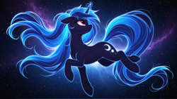 Size: 1920x1080 | Tagged: safe, ai content, derpibooru import, generator:stable diffusion, machine learning generated, oc, oc only, pony, unicorn, backlighting, blue mane, blue tail, dark coat, ears, ethereal mane, ethereal tail, female, floating, floating in space, floppy ears, freckles, full body, generator:zoinksnoob, glowing, glowing horn, horn, looking back, mare, nebula, pink eyes, prompt in description, prompter:tyto4tme4l, side view, smiling, solo, space, space pony, spacewalk, star freckles, stars, tail, unicorn oc, unnamed oc, wallpaper