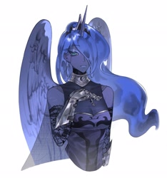 Size: 1917x2048 | Tagged: safe, artist:amangjia, derpibooru import, princess luna, human, g4, breasts, cleavage, clothes, dress, ear piercing, earring, female, gauntlet, gorget, hair over one eye, horn, horned humanization, humanized, jewelry, piercing, regalia, simple background, solo, white background, winged humanization, wings