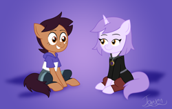 Size: 2530x1597 | Tagged: safe, artist:jaedenwalton, derpibooru import, earth pony, pony, unicorn, amity blight, female, grin, horn, lesbian, looking at each other, looking at someone, lumity, luz noceda (the owl house), non-mlp shipping, ponified, rule 85, shipping, sitting, smiling, species swap, the owl house