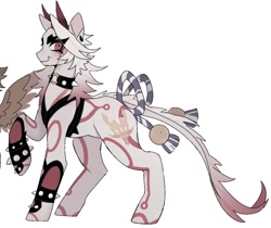 Size: 1205x1012 | Tagged: safe, artist:rottendevilman, derpibooru import, pony, arataki itto (genshin impact), bow, choker, horns, leonine tail, male, oni, ponified, simple background, solo, species swap, spiked choker, spiked wristband, stallion, tail, tail bow, white background, wristband