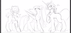 Size: 2036x963 | Tagged: safe, artist:rottendevilman, derpibooru import, lily lightly, scootaloo (g3), starsong, earth pony, pegasus, pony, unicorn, g3, black and white, female, goggles, grayscale, headdress, horn, jewelry, leonine tail, mare, monochrome, necklace, simple background, sketch, tail, trio, white background, wip