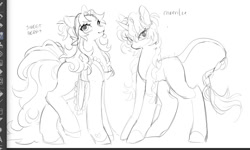 Size: 1372x825 | Tagged: safe, artist:rottendevilman, derpibooru import, cheerilee (g3), sweetberry, earth pony, pony, unicorn, g3, apron, black and white, braid, braided tail, clothes, duo, female, grayscale, horn, leonine tail, mare, monochrome, sketch, tail, wip