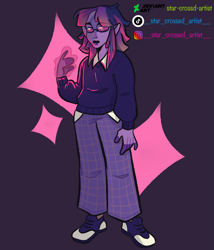 Size: 3877x4519 | Tagged: safe, artist:__star_crossed_artist__, artist:star-crossed-artist, derpibooru import, twilight sparkle, human, alternate hairstyle, clothes, elf ears, female, glasses, humanized, lipstick, magic, pants, pony coloring, shirt, shoes, sneakers, solo, sweater