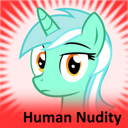 Size: 1024x1024 | Tagged: artist needed, safe, derpibooru import, lyra heartstrings, pony, unicorn, g4, derpibooru, eyebrows, female, horn, human exhibitionism, human nudity, irl human, lyra is not amused, meta, nudity, official spoiler image, photo, raised eyebrow, solo, spoilered image joke, unamused