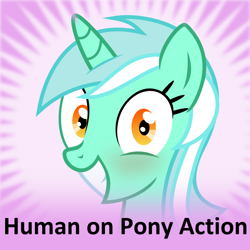 Size: 1024x1024 | Tagged: safe, derpibooru import, lyra heartstrings, human, pony, g4, blushing, derpibooru, female, human on pony action, interspecies, irrational exuberance, meta, official spoiler image, smiling, solo, spoilered image joke, that pony sure does love humans