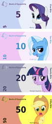 Size: 2000x4730 | Tagged: safe, artist:the smiling pony, derpibooru import, edit, applejack, rarity, trixie, twilight sparkle, unicorn twilight, earth pony, pony, unicorn, g4, bank note, banknote, banknotes, bits, currency, cutie mark, derpibooru, female, horn, mare, meta, meta:explicit, meta:questionable, meta:safe, meta:suggestive, pun, spoiler image, spoilered image joke