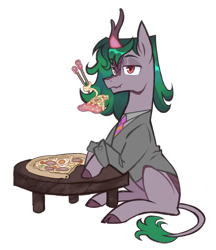 Size: 1724x1994 | Tagged: safe, artist:cowboypony, derpibooru import, oc, oc only, oc:skywell, kirin, pony, chopsticks, clothes, eating, egg (food), food, hard boiled egg, kirin oc, magic, male, necktie, noodles, pizza, ramen, simple background, solo, stallion, suit, table, telekinesis, transparent background