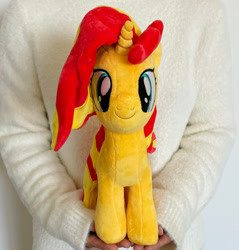 Size: 1000x1044 | Tagged: safe, derpibooru import, sunset shimmer, human, pony, unicorn, g4, female, horn, irl, irl human, looking at you, mare, merchandise, photo, plushie, solo, symbiote studios