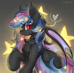 Size: 5527x5502 | Tagged: safe, artist:lunylin, derpibooru import, oc, oc only, oc:stellar wind, bat pony, pony, absurd resolution, bat pony oc, bat wings, chest fluff, commission, ear fluff, ear tufts, ears, fangs, female, heart, mare, partially open wings, slit eyes, solo, tongue, tongue out, wings, ych result