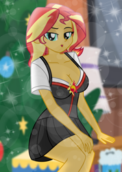 Size: 5202x7308 | Tagged: safe, artist:emeraldblast63, derpibooru import, sunset shimmer, human, equestria girls, g4, breasts, christmas, christmas tree, cleavage, clothes, female, holiday, skirt, solo, sparkles, stupid sexy sunset shimmer, sultry pose, sunset jiggler, tree