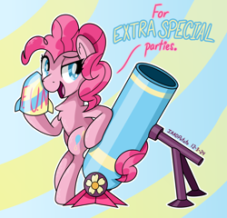 Size: 2158x2072 | Tagged: safe, artist:notadeliciouspotato, derpibooru import, pinkie pie, earth pony, pony, g4, abstract background, bipedal, bipedal leaning, chest fluff, female, leaning, lidded eyes, mare, mortar, open mouth, open smile, partillery, rocket, signature, smiling, solo, speech bubble, this will end in parties