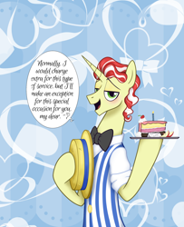 Size: 2394x2953 | Tagged: safe, artist:razzy, derpibooru import, flim, pony, unicorn, g4, blushing, bowtie, cake, food, horn, looking at you, solo