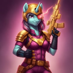 Size: 1024x1024 | Tagged: safe, ai content, derpibooru import, machine learning generated, sunny flare, anthro, pony, unicorn, series:g.i. pony: a real equestrian hero, g4, assault rifle, clothes, cosplay, costume, equestria girls anthropized, equestria girls ponified, female, g.i. joe, generator:google imagen 3.0, gloves, gradient background, gun, helmet, horn, iron grenadiers, military uniform, optical sight, ponified, prompter:zerowinger, rifle, smiling, solo, species swap, sunny flare's wrist devices, uniform, voltar, weapon