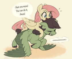 Size: 1849x1516 | Tagged: safe, artist:nookprint, derpibooru import, fluttershy, oc, oc:anon, oc:anon stallion, pegasus, pony, duo, duo male and female, eyes closed, female, gritted teeth, male, mare, on top, speech bubble, stallion, teeth, thought bubble, wing-ups