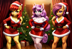 Size: 760x520 | Tagged: safe, ai content, derpibooru import, machine learning generated, apple bloom, scootaloo, sweetie belle, anthro, earth pony, pegasus, unicorn, g4, apple bloomed, belt, blushing, boobaloo, breasts, busty cmc, christmas, christmas tree, cleavage, clothes, costume, cutie mark crusaders, dress, female, gift wrapped, hat, holiday, horn, looking at you, mare, older, older apple bloom, older cmc, older scootaloo, older sweetie belle, ornaments, present, prompter:dordrago, santa costume, santa hat, sexy, sexy santa costume, smiling, smiling at you, stupid sexy apple bloom, stupid sexy scootaloo, stupid sexy sweetie belle, sweetie boobs, tree, trio, trio female, wingless, wingless anthro