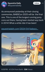 Size: 584x920 | Tagged: safe, artist:hauntedtuba, derpibooru import, oc, oc only, oc:golden gates, pegasus, pony, babscon, beach, equestria daily, female, freckles, golden gate bridge, mare, meta, solo, twitter, wave, windswept mane