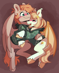 Size: 2000x2500 | Tagged: safe, artist:lionbun, derpibooru import, oc, oc:honey milk, oc:jarvis yarbrough, bat pony, pegasus, bat pony oc, blushing, christmas sweater, clothes, commission, couple, cute, female, hoodie, hug, male, mare, pegasus oc, stallion, sweater, wholesome, ych result