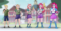 Size: 1600x809 | Tagged: safe, artist:tf-plaza, derpibooru import, pinkie pie, human, equestria girls, g4, clothes, cupcake, female, food, male, male to female, rule 63, transformation, transformation sequence, transforming clothes, transgender transformation