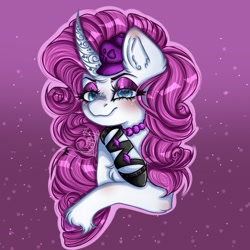 Size: 720x721 | Tagged: safe, artist:kayomii, derpibooru import, rarity, pony, unicorn, g4, bust, chest fluff, elements of insanity, female, horn, jewelry, mare, necklace, rarifruit, solo, unshorn fetlocks