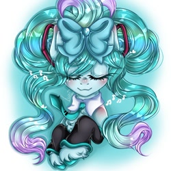 Size: 720x721 | Tagged: safe, artist:kayomii, derpibooru import, earth pony, pony, anime, bow, clothes, female, hair bow, hatsune miku, leg warmers, mare, necktie, ponified, shirtless shirt collar, solo, species swap, unshorn fetlocks, vocaloid