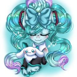 Size: 720x721 | Tagged: safe, alternate version, artist:kayomii, derpibooru import, dog, earth pony, pony, anime, bow, cinnamoroll, clothes, duo, female, hair bow, hatsune miku, leg warmers, mare, necktie, ponified, shirtless shirt collar, species swap, unshorn fetlocks, vocaloid