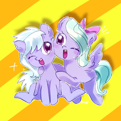 Size: 2048x2048 | Tagged: safe, artist:izuchi, derpibooru import, cloudchaser, flitter, pegasus, pony, g4, background pony, cute, cutechaser, duo, duo female, female, flitterbetes, mare, siblings, sisters