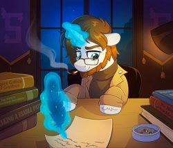 Size: 2048x1762 | Tagged: safe, artist:skysorbett, derpibooru import, oc, oc only, pony, unicorn, ashtray, beard, book, cigarette, clothes, determined, eyebrows, facial hair, feather, glasses, glowing, glowing horn, horn, indoors, lamp, magic, magic aura, male, night, night sky, paper, room, sky, smoke, solo, stallion, table, tapestry, telekinesis, window, writing