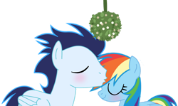 Size: 1280x765 | Tagged: safe, artist:soarindasher10, derpibooru import, rainbow dash, soarin', pegasus, pony, blushing, eyes closed, female, forehead kiss, kissing, male, mare, mistletoe, shipping, simple background, smiling, soarindash, stallion, straight, transparent background