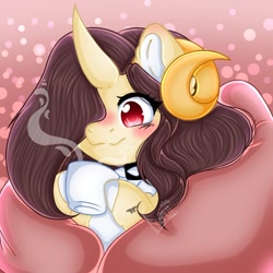 Size: 736x737 | Tagged: safe, artist:kayomii, derpibooru import, oc, oc only, pony, abstract background, blanket, choker, curved horn, ear piercing, earring, female, horn, horns, jewelry, mare, mug, old art, piercing, solo, spiked choker