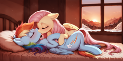 Size: 2400x1200 | Tagged: safe, ai content, derpibooru import, machine learning generated, fluttershy, rainbow dash, pegasus, pony, bed, blushing, duo, evening, eyes closed, female, flutterdash, kissing, lesbian, lying down, mare, on back, on bed, pillow, prompter:greesys, shipping, window