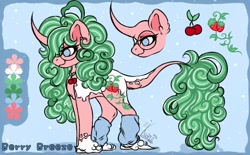 Size: 720x447 | Tagged: safe, artist:kayomii, derpibooru import, oc, oc only, oc:berry breeze, pony, unicorn, clothes, concave belly, curved horn, female, horn, leg warmers, leonine tail, mare, reference sheet, solo, tail