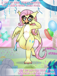 Size: 1500x2000 | Tagged: safe, artist:vavacung, derpibooru import, cup cake, dj pon-3, fluttershy, vinyl scratch, anthro, dragon, g4, magical mystery cure, balloon, dragonified, featureless crotch, female, groucho mask, kobold, my little pony: friendship is magic, party horn, pinkie pie's cutie mark, species swap, sugarcube corner, swapped cutie marks, what my cutie mark is telling me