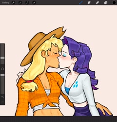 Size: 1962x2048 | Tagged: safe, artist:spiratorr, derpibooru import, applejack, rarity, human, abs, applejack's hat, belly, belly button, blushing, clothes, cowboy hat, duo, duo female, eyes closed, female, flannel, freckles, hat, humanized, kissing, lesbian, midriff, rarijack, shipping, shirt, short shirt, skirt