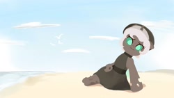 Size: 2048x1152 | Tagged: safe, artist:dulldi, derpibooru import, oc, oc only, oc:kitu elder, changeling, changeling queen, equestria at war mod, beach, blushing, clothes, dress, fangs, female, gray coat, hat, horn, looking at you, ocean, pose, sun hat, sundress, teal eyes, trident, water, white mane, wings