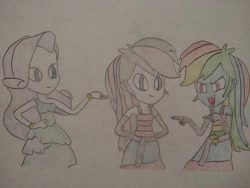 Size: 1040x780 | Tagged: safe, artist:arrowsweetie, derpibooru import, rainbow dash, rarity, oc, oc:red arrow, human, equestria girls, g4, cute, dashabetes, fall formal outfits, female, hands behind back, looking at each other, looking at someone, ocbetes, open mouth, open smile, pointing, rainbow dash always dresses in style, raribetes, smiling, smiling at each other, trio