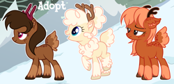 Size: 1280x622 | Tagged: safe, artist:vi45, derpibooru import, oc, oc only, deer, reindeer, adoptable, bipedal, blue eyes, body freckles, brown eyes, coat markings, colored antlers, colored hooves, colored nose, colored pinnae, deer tail, ear fluff, ear freckles, ears, female, freckles, hooves, lidded eyes, magenta eyes, ruff, socks (coat marking), standing, tail, tail freckles, trio, unnamed oc, unshorn fetlocks