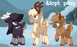 Size: 1280x784 | Tagged: safe, artist:vi45, derpibooru import, oc, oc only, deer, reindeer, adoptable, blue eyes, coat markings, colored antlers, colored hooves, colored nose, colored pinnae, deer tail, ear fluff, ear freckles, ears, female, freckles, grin, hooves, male, pale belly, pink eyes, ruff, smiling, snow, socks (coat marking), tail, tail freckles, teal eyes, trio, unnamed oc, unshorn fetlocks