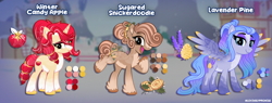 Size: 5274x2000 | Tagged: safe, artist:lovinglypromise, derpibooru import, oc, oc only, oc:lavender pine, oc:sugared snickerdoodle, oc:winter candy apple, earth pony, pegasus, pony, unicorn, bipedal, blaze (coat marking), body markings, brown eyes, chest fluff, cloven hooves, coat markings, color palette, colored hooves, colored pinnae, colored wings, colored wingtips, cyan eyes, drop shadow, earth pony oc, eye clipping through hair, eyeshadow, facial markings, female, freckles, golden eyes, gradient legs, gradient mane, gradient tail, gradient wings, hair over one eye, hooves, horn, leg markings, lidded eyes, looking at you, makeup, mare, obtrusive watermark, open mouth, open smile, pale belly, pegasus oc, ponytail, purple eyeshadow, red eyeshadow, smiling, spread wings, stripe (coat marking), tail, tied mane, tied tail, trio, trio female, unicorn oc, unshorn fetlocks, watermark, wings