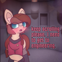 Size: 2664x2664 | Tagged: safe, artist:sodapop sprays, derpibooru import, oc, oc only, oc:horsely, oc:naomi horsely, earth pony, pony, clothes, elevator, eye clipping through hair, female, freckles, looking at you, mare, meme, redshirt, solo, star trek, star trek (tos), talking to viewer, uniform