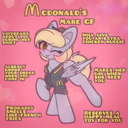 Size: 2664x2664 | Tagged: safe, artist:sodapop sprays, derpibooru import, part of a set, derpy hooves, pegasus, pony, series:derpy can't catch a break, g4, blushing, clothes, looking at you, mcdonald's, meme, one eye closed, solo, wink