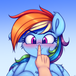 Size: 2500x2500 | Tagged: safe, artist:heavymetalbronyyeah, derpibooru import, rainbow dash, human, pegasus, pony, g4, blushing, boop, cute, dashabetes, disembodied hand, gradient background, hand, one ear down