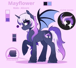 Size: 1903x1700 | Tagged: safe, artist:waffletheheadmare, derpibooru import, oc, oc:mayflower, alicorn, bat pony, bat pony alicorn, alicorn oc, bat wings, character name, colors, commission, commissioner:pyretheskywing, cutie mark, femboy, horn, magical lesbian spawn, male, offspring, parent:nightmare moon, parent:twilight sparkle, parents:twimoon, raised hoof, raised leg, reference sheet, slit eyes, solo, spread wings, stallion, wings