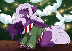 Size: 3508x2480 | Tagged: safe, artist:arctic-fox, derpibooru import, oc, oc only, oc:menesiena mirksetine, bat pony, pony, bat pony oc, christmas, christmas sweater, christmas tree, clothes, eyes closed, female, glasses, grin, holiday, mare, sitting, smiling, sunglasses, sweater, tree, wings