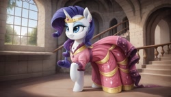 Size: 2560x1456 | Tagged: safe, ai content, derpibooru import, machine learning generated, rarity, pony, unicorn, g4, alternate hairstyle, clothes, dress, elegant, gala dress, gown, horn, prompter:cypher, rarity's first gala dress, solo