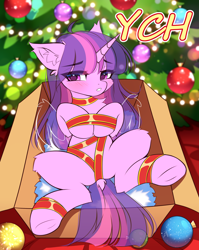 Size: 1260x1584 | Tagged: safe, artist:airiniblock, derpibooru import, twilight sparkle, pony, box, christmas, christmas lights, christmas tree, commission, holiday, pony in a box, tree, ych example, your character here