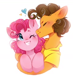 Size: 986x1030 | Tagged: safe, artist:melodylibris, derpibooru import, cheese sandwich, pinkie pie, earth pony, pony, g4, alternate hairstyle, blush lines, blushing, bust, cheesepie, clothes, collared shirt, colored pinnae, curly hair, curly mane, cute, diacheeses, diapinkes, duo, duo male and female, eyes closed, female, floating heart, grin, heart, hug, kiss on the cheek, kissing, leg blush, male, married couples doing married things, one eye closed, profile, shipping, shirt, short mane, short mane pinkie pie, simple background, smiling, sprinkles in mane, straight, white background